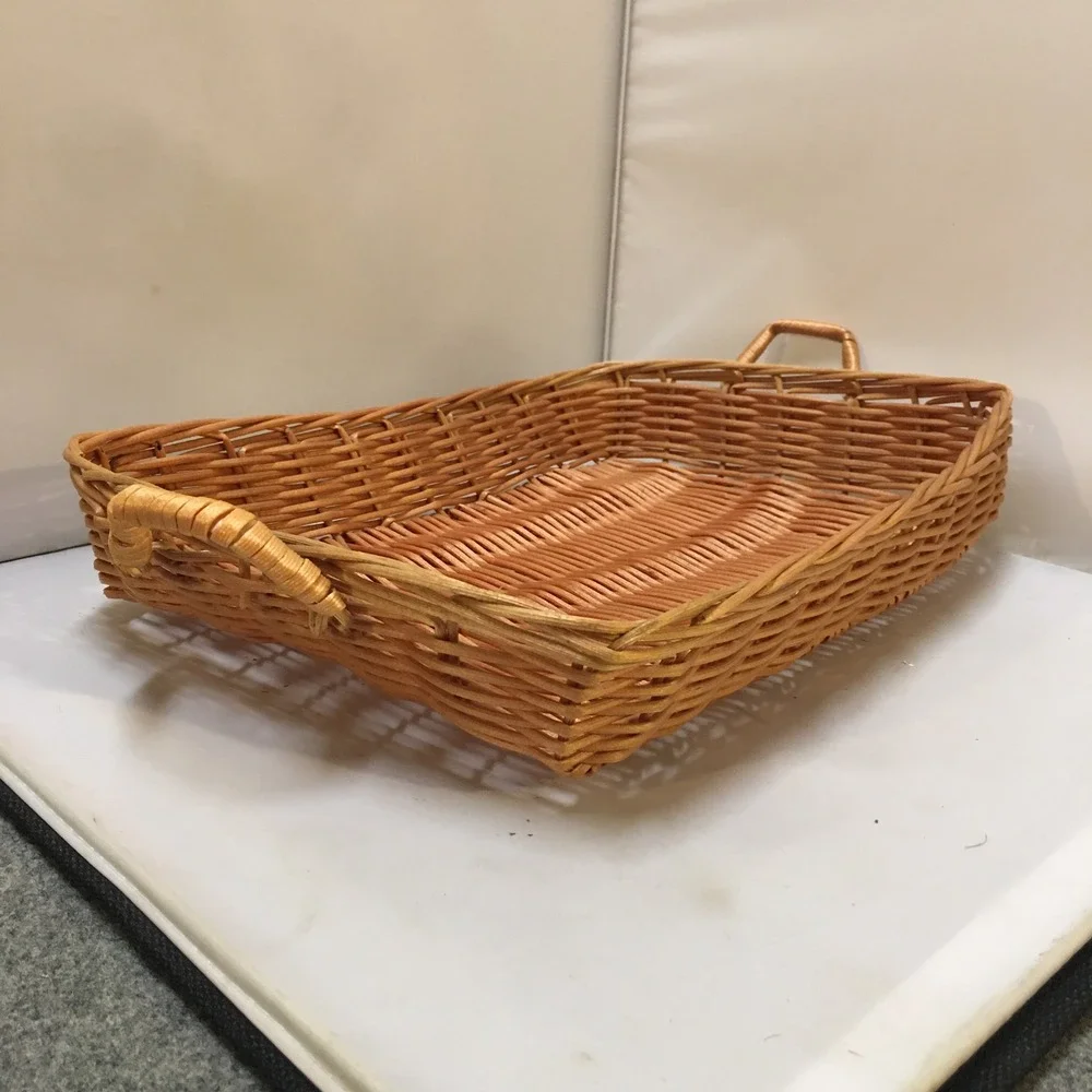 Woven Wicker Serving Tray Unisex Medium Tan Rectangular with Handles Cottagecore